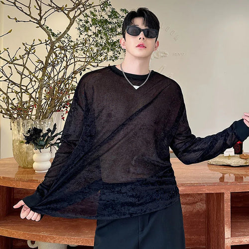 Load image into Gallery viewer, Men&#39;s T-shirts Spring Korean Semi Transparent Shiny Design Long Sleeve Round Collar Solid Color Male Clothing 9W1604
