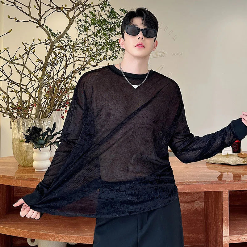 Men's T-shirts Spring Korean Semi Transparent Shiny Design Long Sleeve Round Collar Solid Color Male Clothing 9W1604