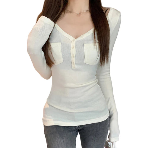 Load image into Gallery viewer, y2k Tops for Women Solid Color Buttons V Neck Slim Fit Long Sleeve T Shirts with Pockets 2000s Clothing Streetwear
