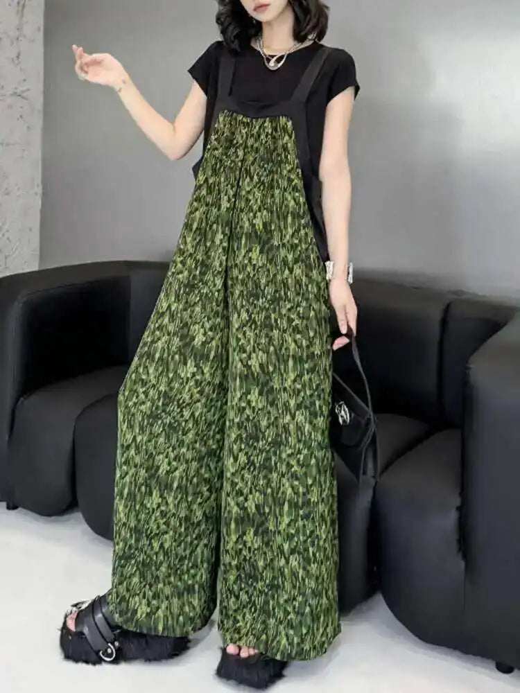 High Waist Green Pattern Printed Big Size Long Overalls Pants New Trousers Women Fashion Tide Spring Autumn 2025 1DH6622