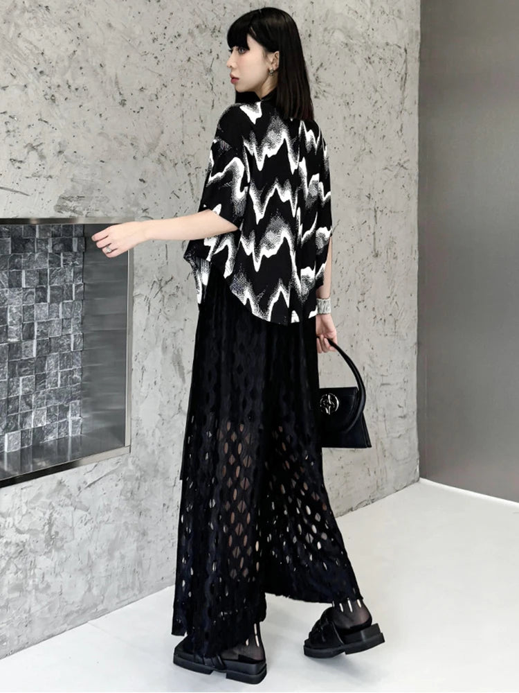 Women Black Striped String Big Size Short T-shirt New Round Neck Short Sleeve Fashion Tide Spring Summer 2025 1DJ0168