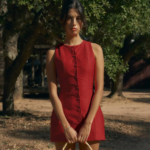 Load image into Gallery viewer, Fashion Sleeveless Sexy Mini Dress For Women New O Neck Single-btrasted Bodycon Club Party Tank Dress Femme Clothes
