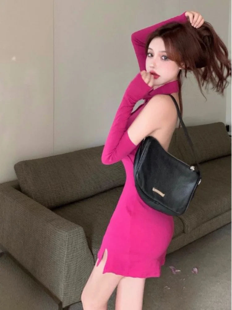 Y2k Sexy Halter Mini Dress Backless Bodycon Korean Fashion Kpop Streetwear Short Dresses with Sleeves Polo Collar