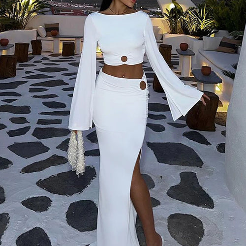 Load image into Gallery viewer, Women Fashion 2 Pcs Sets Long Sleeve Hole Backless Sexy Crop Top Slit Maxi Skirt Autumn New Y2K Outfits Party Vacation
