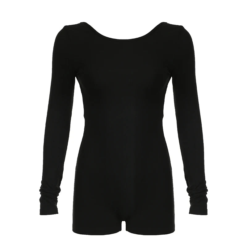 Sexy Backless Black Autumn Women's Playsuit Basic Bodycon Long Sleeve One Piece Partywear Clothes Gym Streetwear Soft