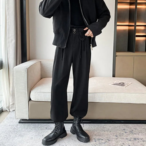 Load image into Gallery viewer, Autumn Mne&#39;s Casual Pants Solid Color Lace-up Design Casual Suit Trousers Fashion Men Balck Bottoms Simple 9C2397
