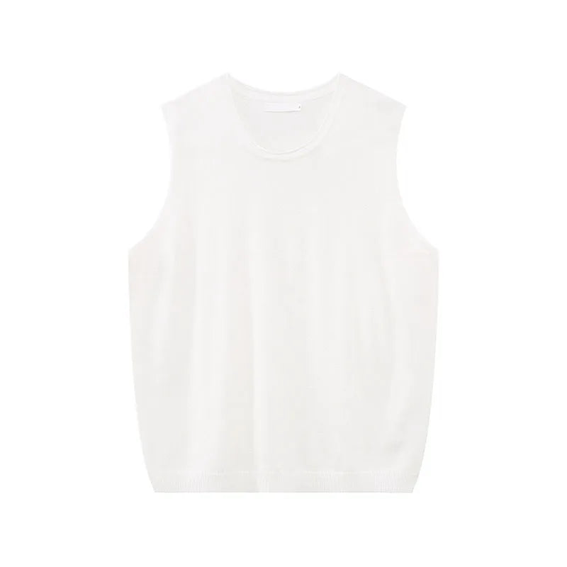 Men's Vest New Summer Korean Round Neck Design Solid Color Loose Sleeveless T-shirt Knitted Casual Male Top Trend 9W1592