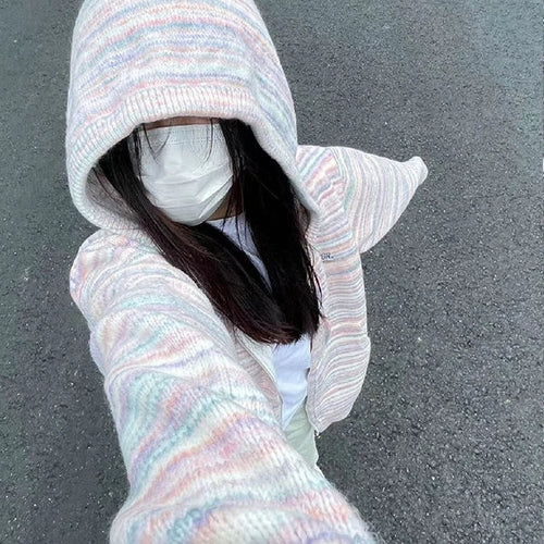 Load image into Gallery viewer, Japanese Y2k Rainbow Striped Kawaii Cardigans Women Autumn All Match Hooded Sweaters Loose Zipper Grunge Knitted Coat Pull Femme
