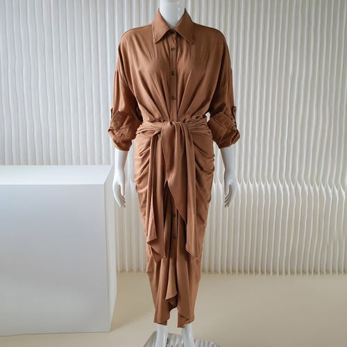 Load image into Gallery viewer, Korean Fashion Dress For Women Lapel Long Sleeve High Waist Solid Ruched Midi Dresses Female Spring Clothing Style
