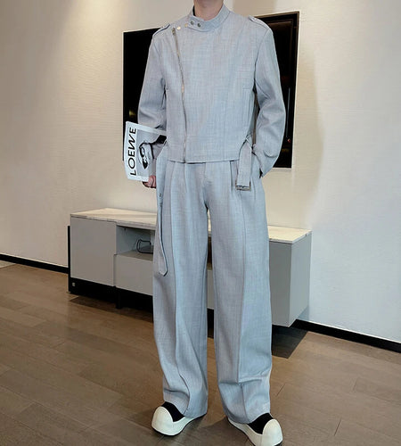 Spring Men's Pants Set Solid Color Design Single Breasted Stand Collar Jacket Male Curved Knife Wide Leg Trousers 9W1414