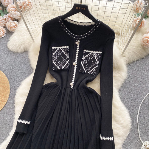 Load image into Gallery viewer, Beige Patchwork Knit Sweater Long Dress Woman Clothes Casual Autumn Winter Korean Slim Long Sleeve Elegant Black Pleated Dresses
