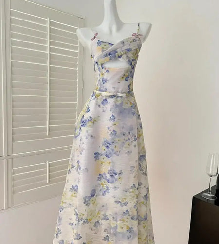 Summer Vintage Blue Pink Floral Hollow Out Party Long Dress For Women V Neck Elegant Vacation Backless Dresses 2025 Bohemian New