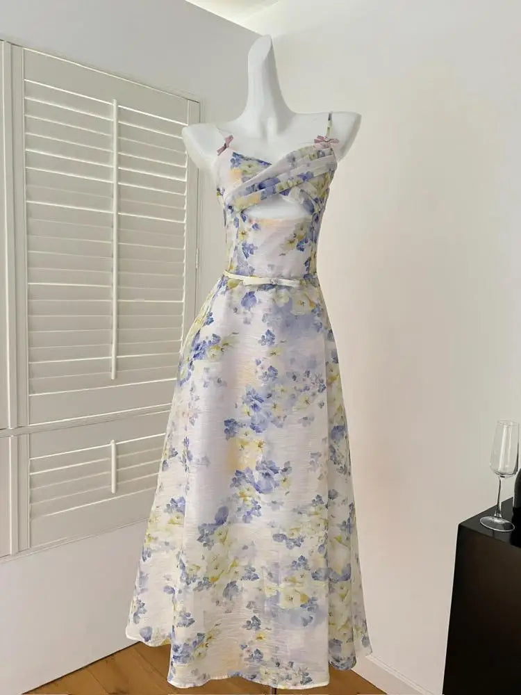 Summer Vintage Blue Pink Floral Hollow Out Party Long Dress For Women V Neck Elegant Vacation Backless Dresses 2025 Bohemian New