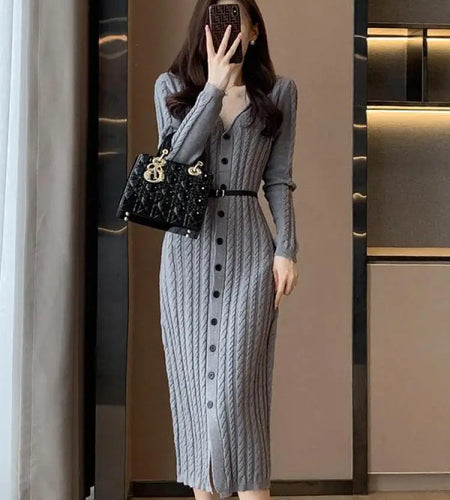Autumn Winter Brown Single Breasted Knitted Sweater Dresses Women's Grey Elegant Office Ladies V-neck Split Dress Casual Fashion