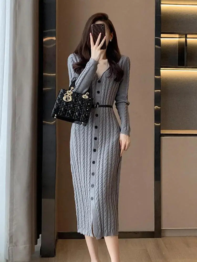 Autumn Winter Brown Single Breasted Knitted Sweater Dresses Women's Grey Elegant Office Ladies V-neck Split Dress Casual Fashion
