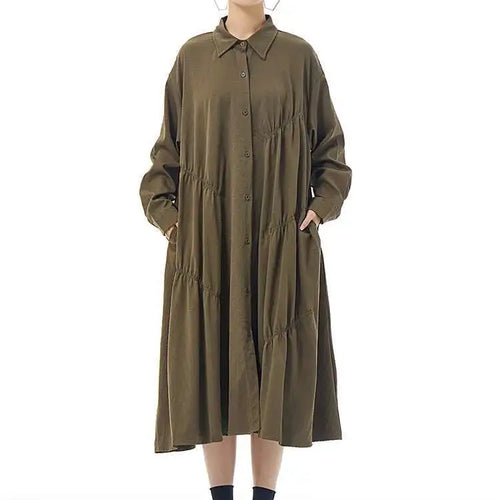 Load image into Gallery viewer, Women Coffee Pleated Spliced Big Size Midi Shirt Dress New Lapel Long Sleeve Fashion Tide Spring Autumn 2025 1DH7416
