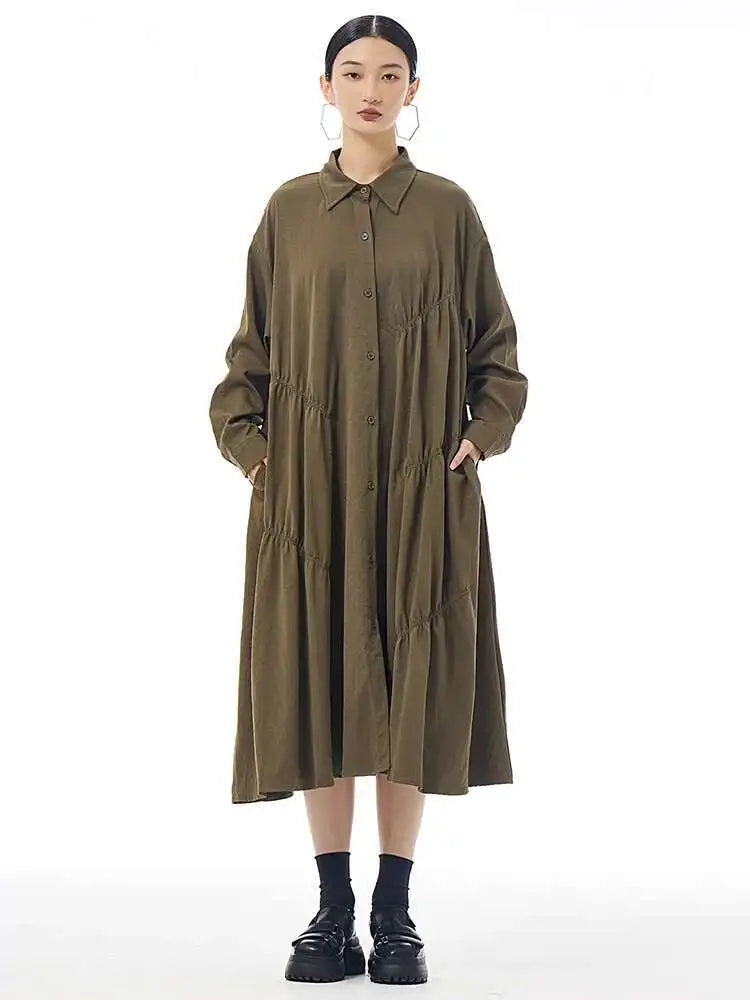 Women Coffee Pleated Spliced Big Size Midi Shirt Dress New Lapel Long Sleeve Fashion Tide Spring Autumn 2025 1DH7416