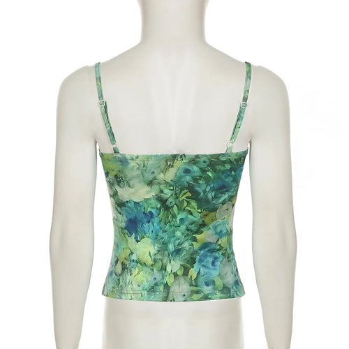 Load image into Gallery viewer, Oil Painting Style Romantic Floral Print Camisole Women Slimming With Breast Cushion Mesh Patched Tops Summer Clothes
