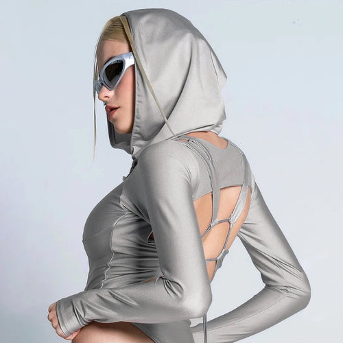 Load image into Gallery viewer, Streetwear Skinny Hooded Women Bodysuit Hollow Out Long Sleeve Drawstring Autumn Body Holographic Moto Style Clothing
