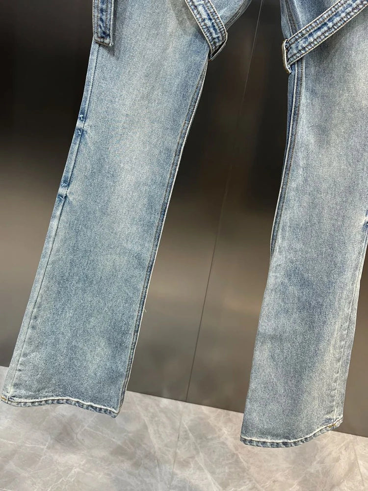 Patchwork Button Casual Slimming Denim Pants For Women High Waist Spliced Pockets Flare Jeans Female Fashion