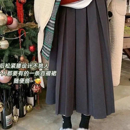 Load image into Gallery viewer, French Vintage Elegant Black Festival Woolen Long Skirt Women Autumn Winter Grey High Waist Ladies Pleated A-line Half Skirt New
