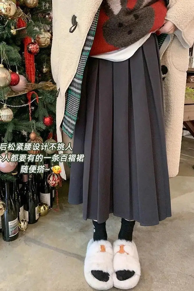 French Vintage Elegant Black Festival Woolen Long Skirt Women Autumn Winter Grey High Waist Ladies Pleated A-line Half Skirt New