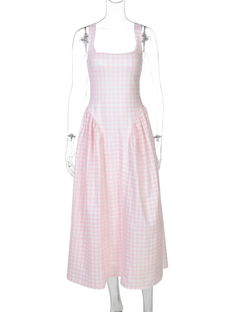 Plaid Printed Maxi Dress For Women Gown Summer New Spaghetti Strap High Waist A-line Backless Club Long Dress Vestido