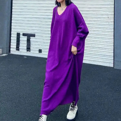 Load image into Gallery viewer, Women Purple Knitting Big Size Casual Long Sweater Dress New V-Neck Long Sleeve Fashion Tide Spring Autumn 2025 1DH7780
