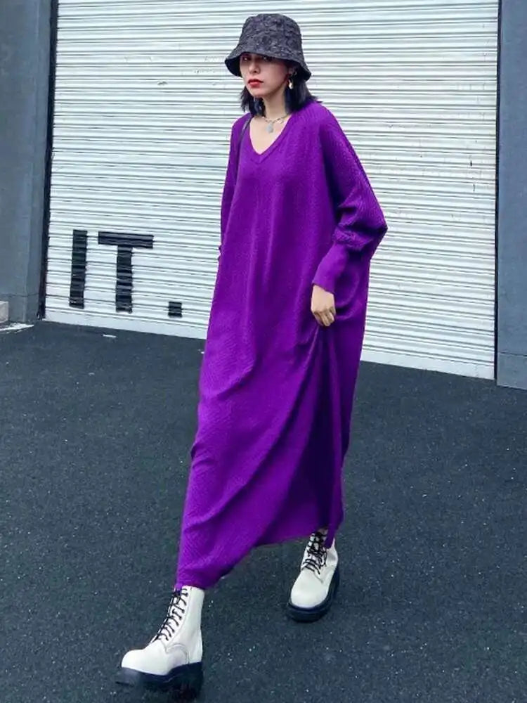 Women Purple Knitting Big Size Casual Long Sweater Dress New V-Neck Long Sleeve Fashion Tide Spring Autumn 2025 1DH7780