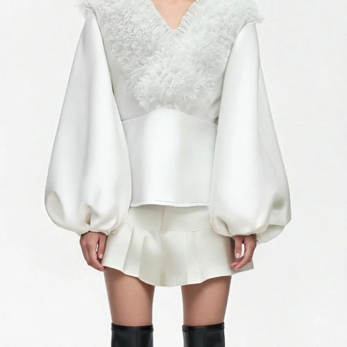 Load image into Gallery viewer, Solid Spliced Fungus Folds Fashion Jackets for Women V Neck Long Sleeves Tunic Temperament Jacket Female Clothing
