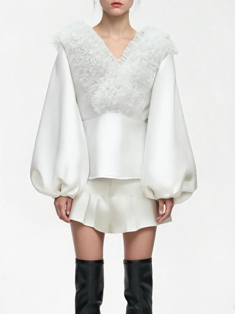 Solid Spliced Fungus Folds Fashion Jackets for Women V Neck Long Sleeves Tunic Temperament Jacket Female Clothing