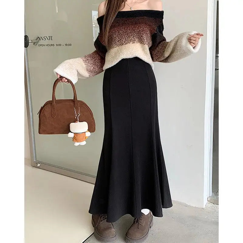 Korean Fashion Black High Waist Women Vacation Wrapped Hip Long Skirt Autumn Winter Brown Fishtail Skirts Trendy Streetwear Chic