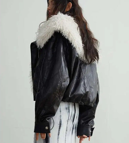 Black Big Size PU Leather Jacket New Removable Fur Collar Long Sleeve Women Coat Fashion Tide Spring Autumn 2025 1DH2121