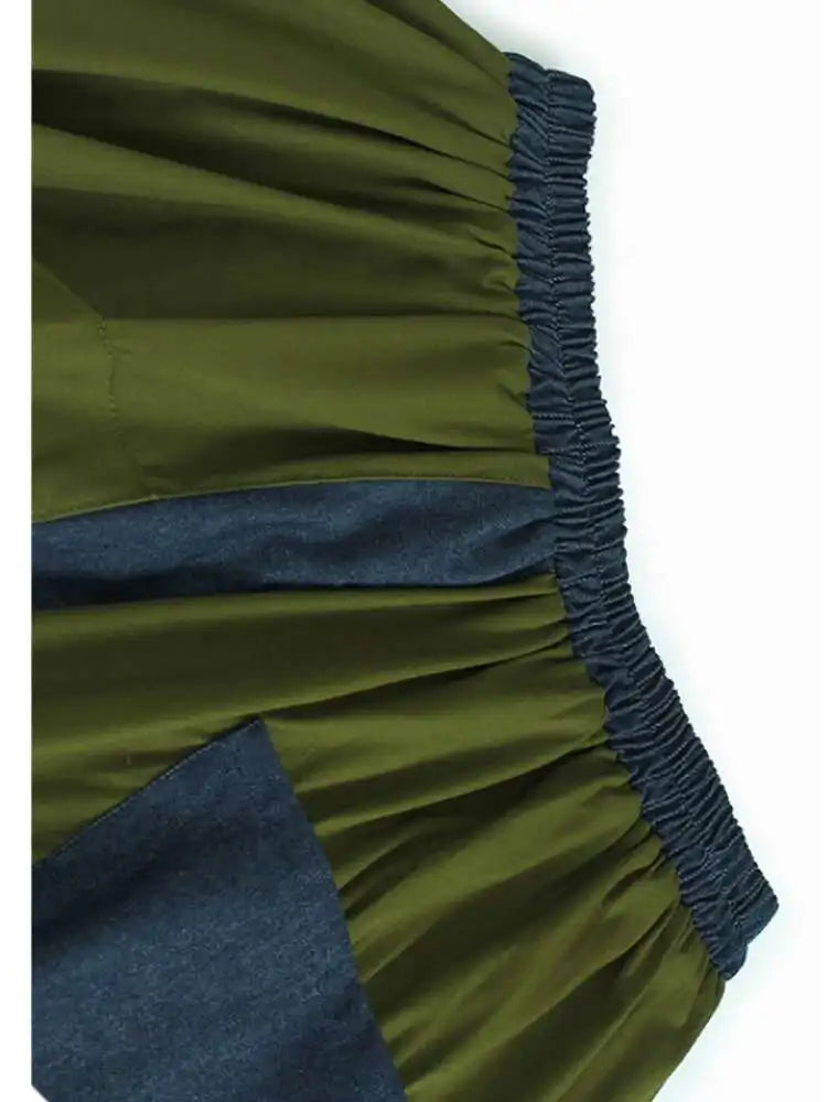 High Elastic Waist Green Denim Color-block A-line Half-body Skirt Women Fashion Tide New Spring Autumn 2025 1DJ0583