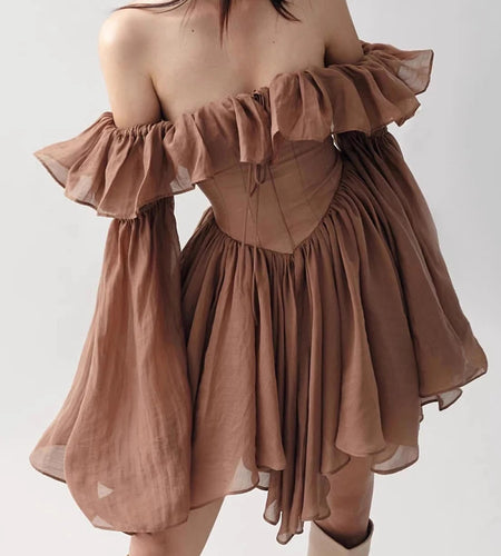 Slimming Spliced Ruffles Folds Fashion Dresses for Women Slash Neck Long Sleeves Patchwork Lace Up Dress Female New