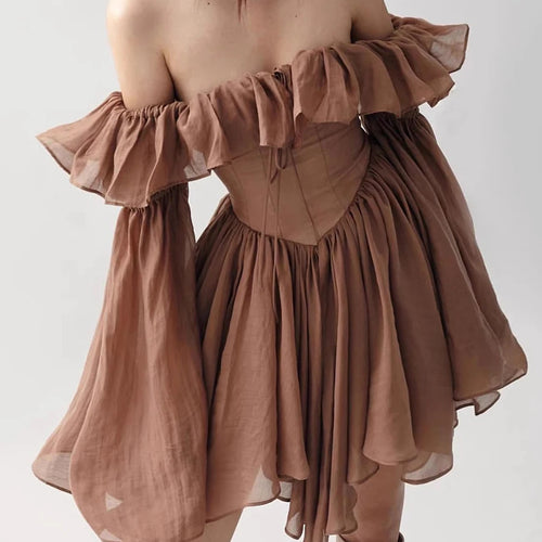 Load image into Gallery viewer, Slimming Spliced Ruffles Folds Fashion Dresses for Women Slash Neck Long Sleeves Patchwork Lace Up Dress Female New
