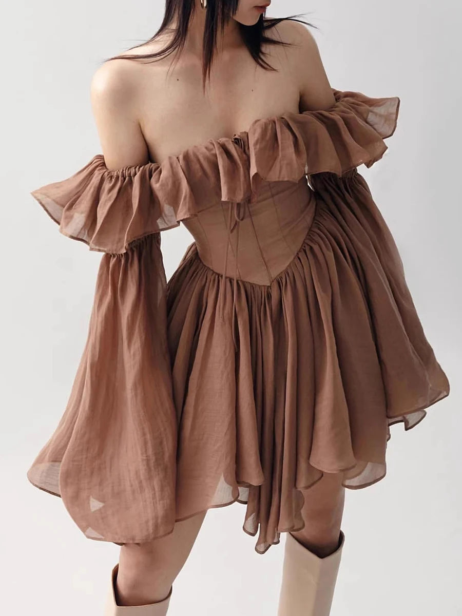 Slimming Spliced Ruffles Folds Fashion Dresses for Women Slash Neck Long Sleeves Patchwork Lace Up Dress Female New