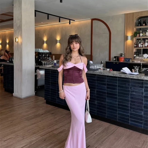 Load image into Gallery viewer, Sexy Skirt Two Piece Sets Women Halter Lace-up Cropped Tops And Maxi Skirt Ladies Fashion Sleeveless 2 Piece Sets
