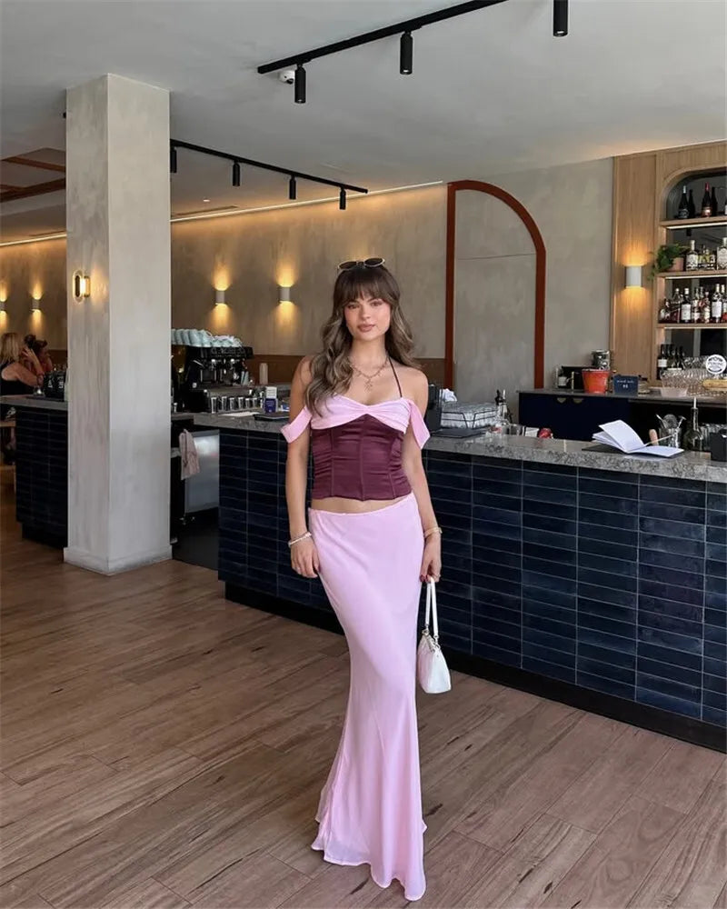 Sexy Skirt Two Piece Sets Women Halter Lace-up Cropped Tops And Maxi Skirt Ladies Fashion Sleeveless 2 Piece Sets