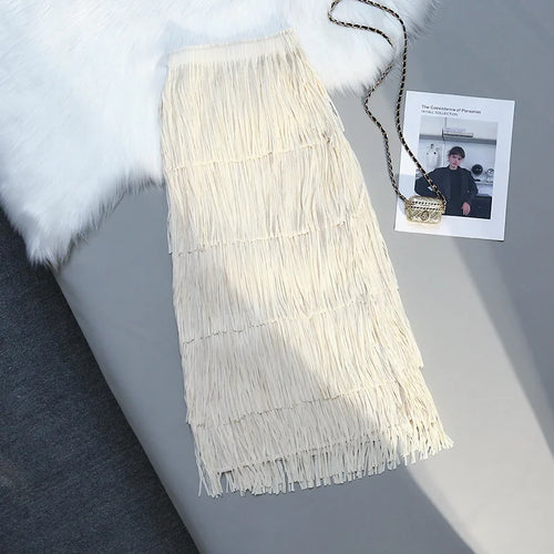Load image into Gallery viewer, Five-layer Fringed Cake Skirt Women All-match Slim Elastic Waist Design Straight Tube Skirt Tassel Hem Solid Midi Skirts Female
