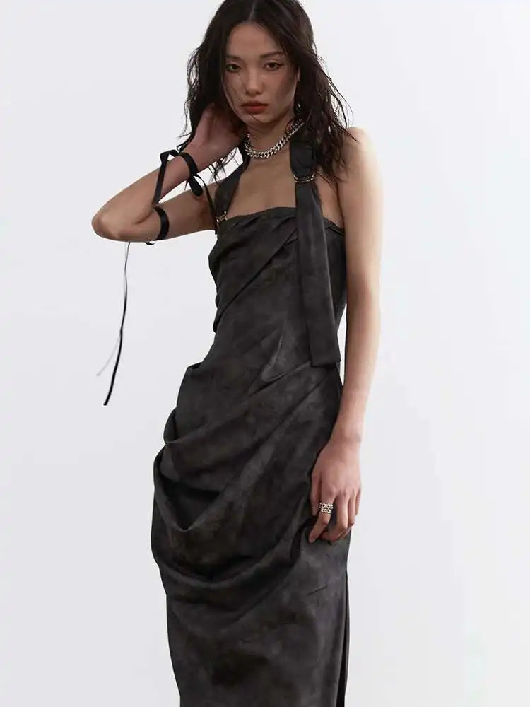 Women Gray Shaped Pleated Pu Leather Long Elegant Strapless Dress New Sleeveless Fashion Tide Spring Autumn 2025 1DH4724