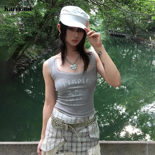Load image into Gallery viewer, Japanese Y2k Lace Tank Top Trashy 2000s Style Letter Print Crop Top Vintage Harajuku Knitted Tanktop American Retro 90s
