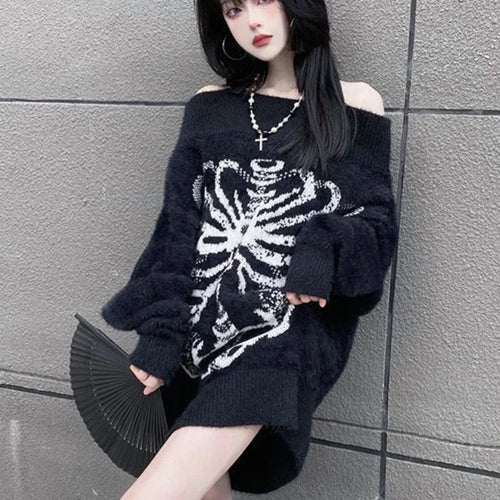 Load image into Gallery viewer, Grunge Sweater Fashion Streetwear Y2k Aesthetic Blackpullover Skull Print Gothc Women Jumper Harajuku Loose Knitwear
