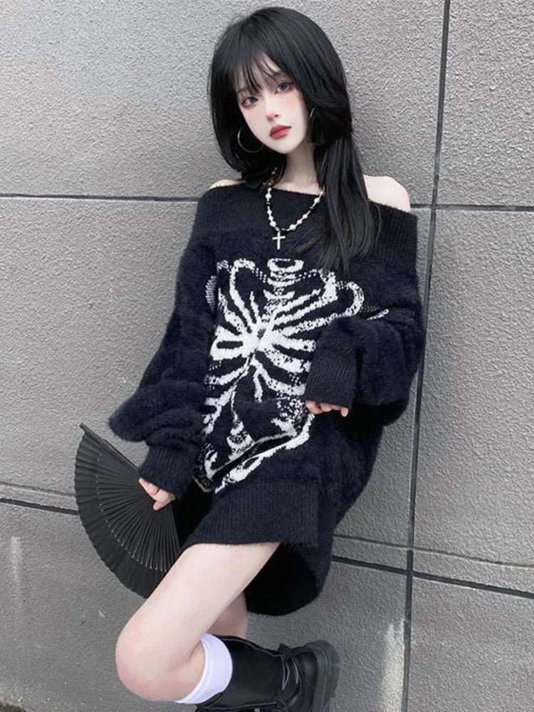 Grunge Sweater Fashion Streetwear Y2k Aesthetic Blackpullover Skull Print Gothc Women Jumper Harajuku Loose Knitwear