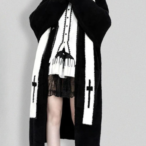 Load image into Gallery viewer, Gothic Punk Cashmere Knitted Long Cardigans Knee Length Loose Hooded Sweater Coat Korean Ins Causal Elegant Vintage Cardigan Y2k
