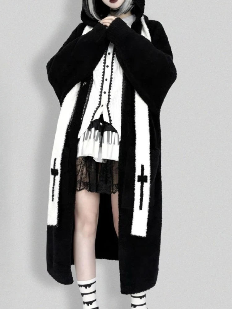 Gothic Punk Cashmere Knitted Long Cardigans Knee Length Loose Hooded Sweater Coat Korean Ins Causal Elegant Vintage Cardigan Y2k