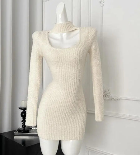 Autumn Women's Black Half High Collar Hollowed Out Knit Short Dress Fashion Korean Style Elegant Slim Wrapped Hip Mini Dresses