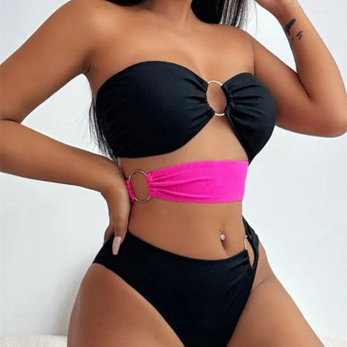 Load image into Gallery viewer, Block Color Cut Out Bandeau Metal Rings Women Swimwear One Piece Swimsuit 2024 Bathing Suit High Waist Monokini
