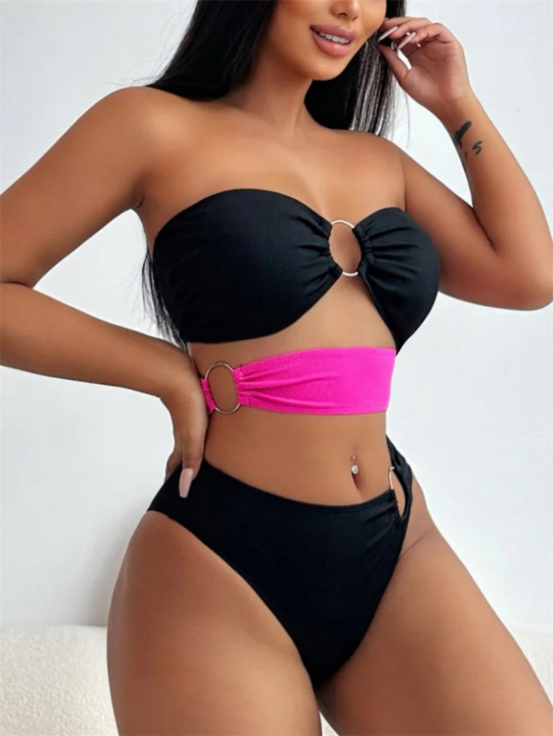 Block Color Cut Out Bandeau Metal Rings Women Swimwear One Piece Swimsuit 2024 Bathing Suit High Waist Monokini