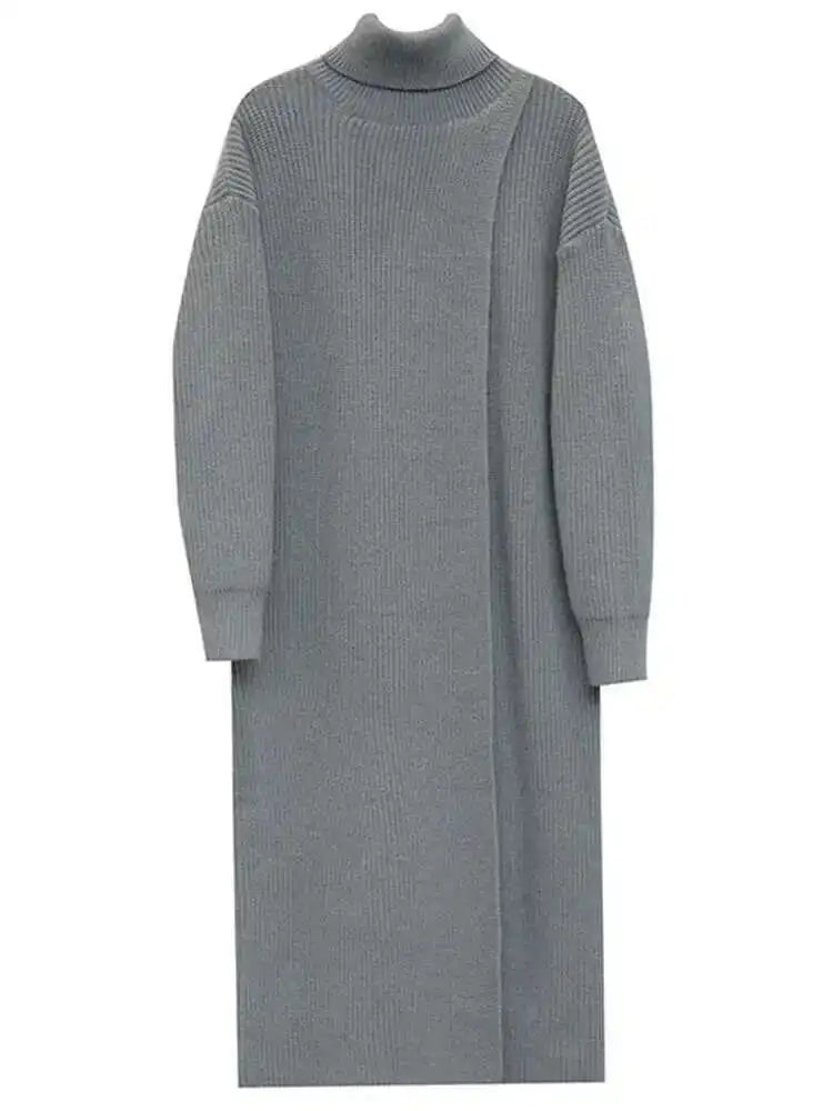 Women Orange Knitting Long Slit Big Size Dress New Turtleneck Long Sleeve Loose Fit Fashion Spring Autumn 2025 1DE5886